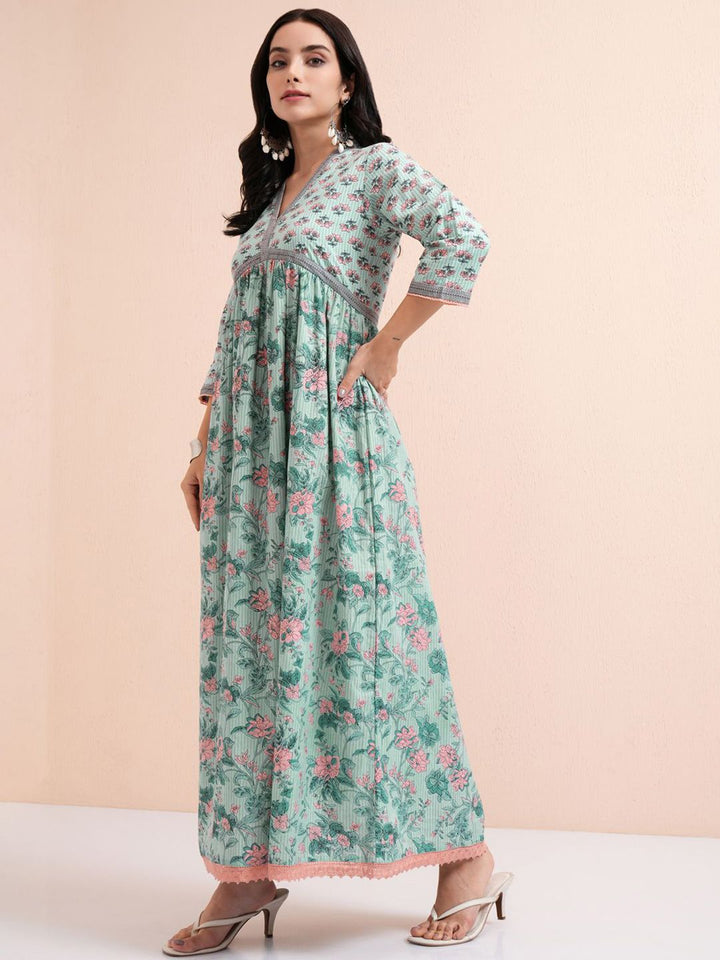 Vishudh Floral Printed A-Line Maxi Cotton Dress