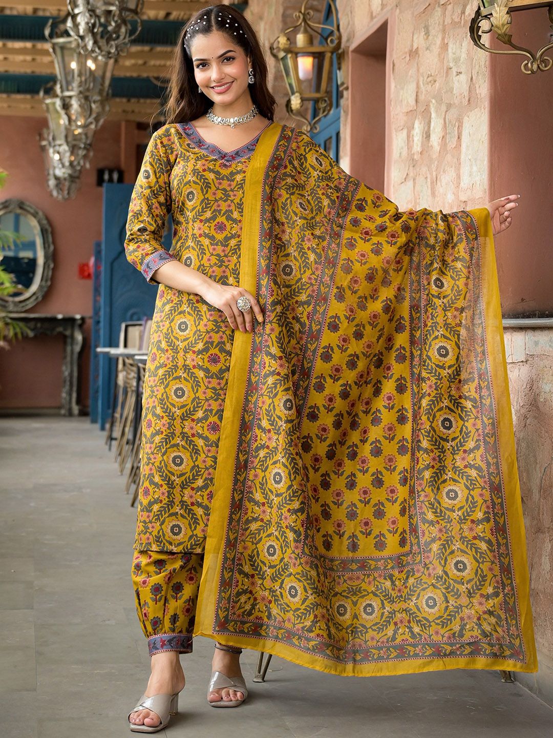 KALINI Floral Printed Straight Kurta with Salwar & Dupatta