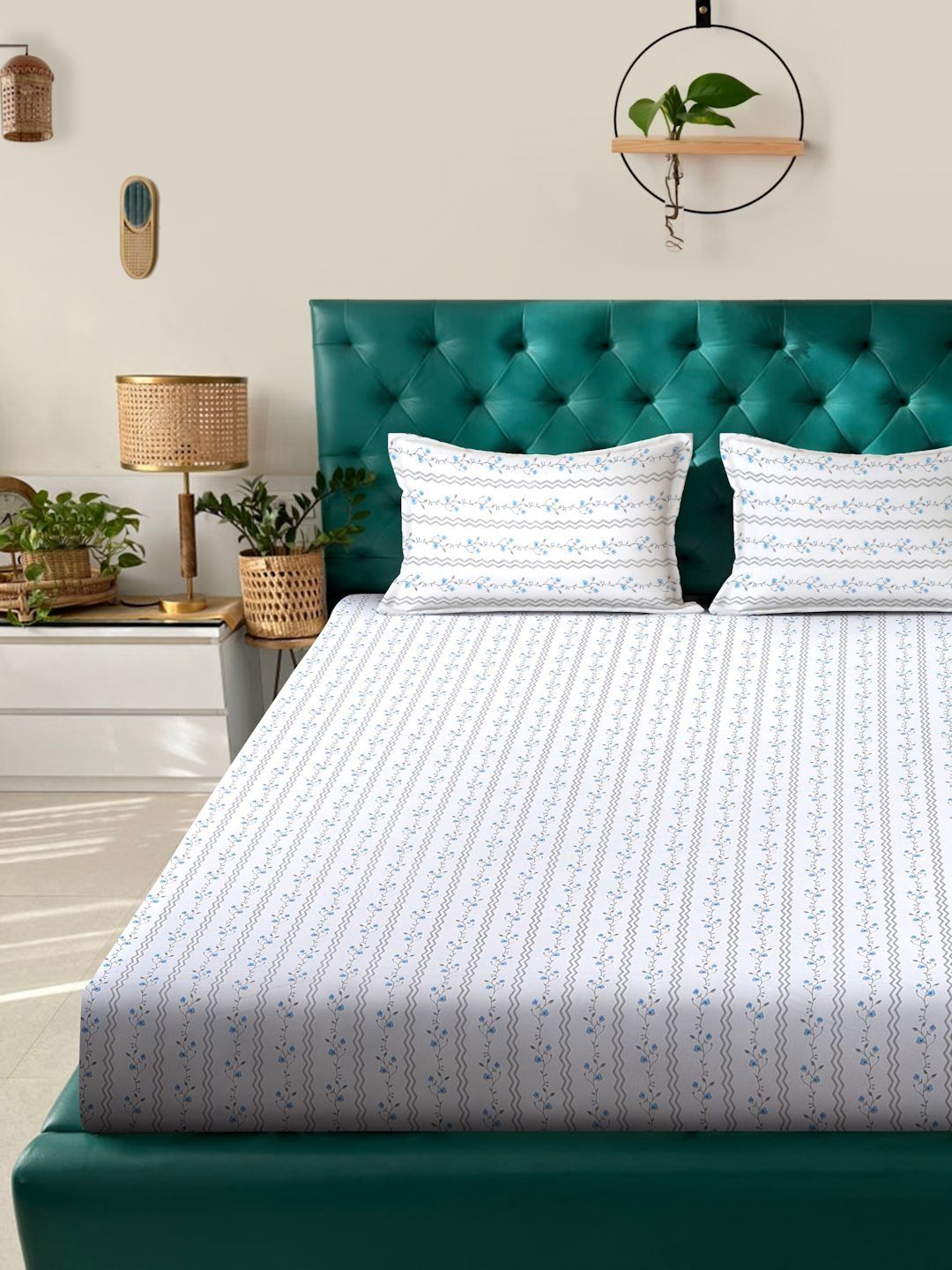 Myntra Elegant Homes White & Blue Floral 400 TC Bedsheet with 2 Pillow Covers