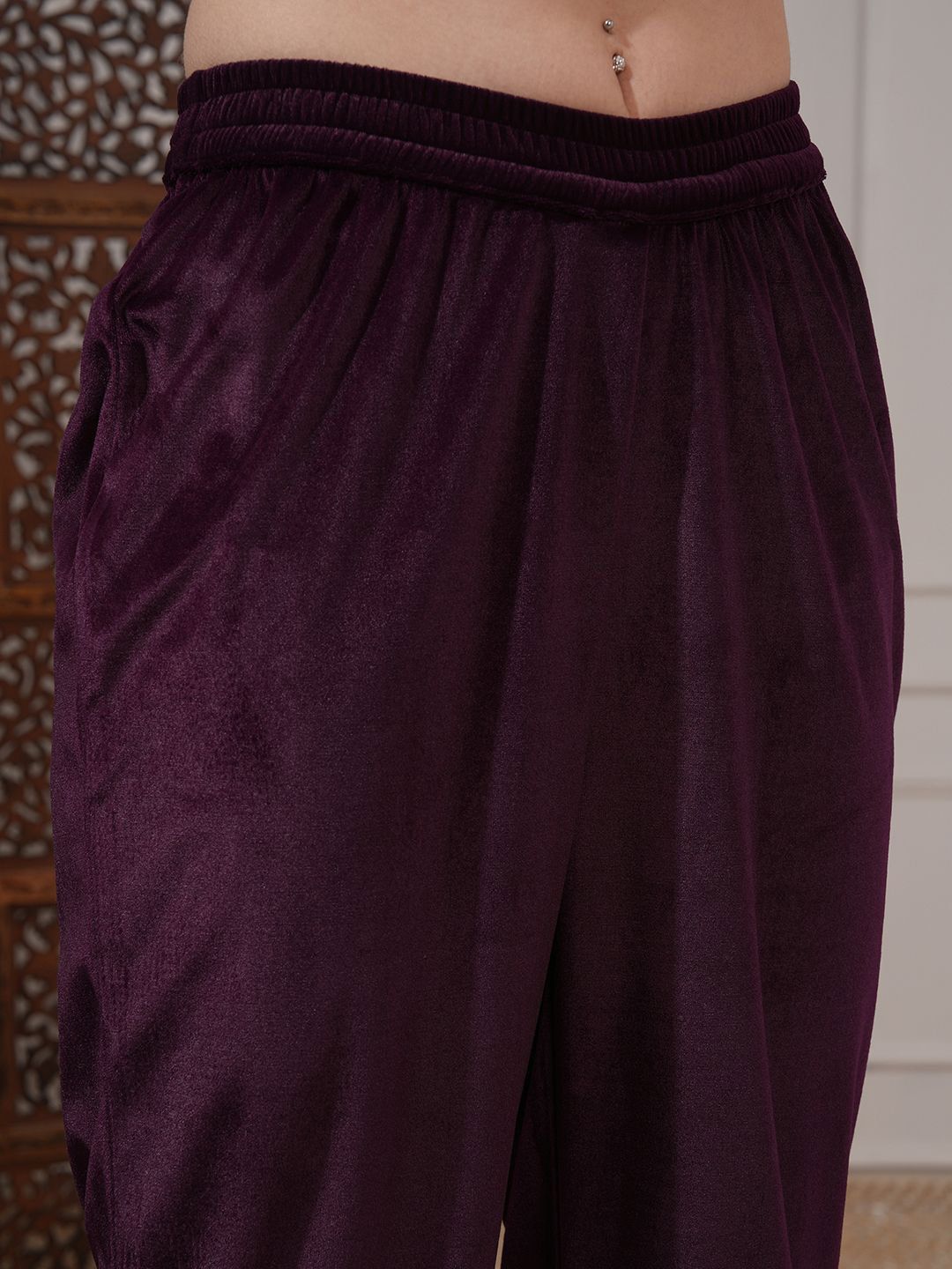 Vishudh Women Embroidered Velvet Umbrella Kurta With Slim Pants & Dupatta