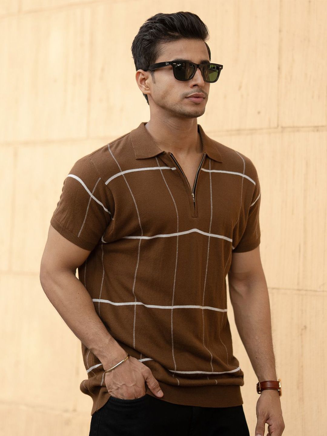 Powerlook Men Checked Polo Collar Cotton T-shirt