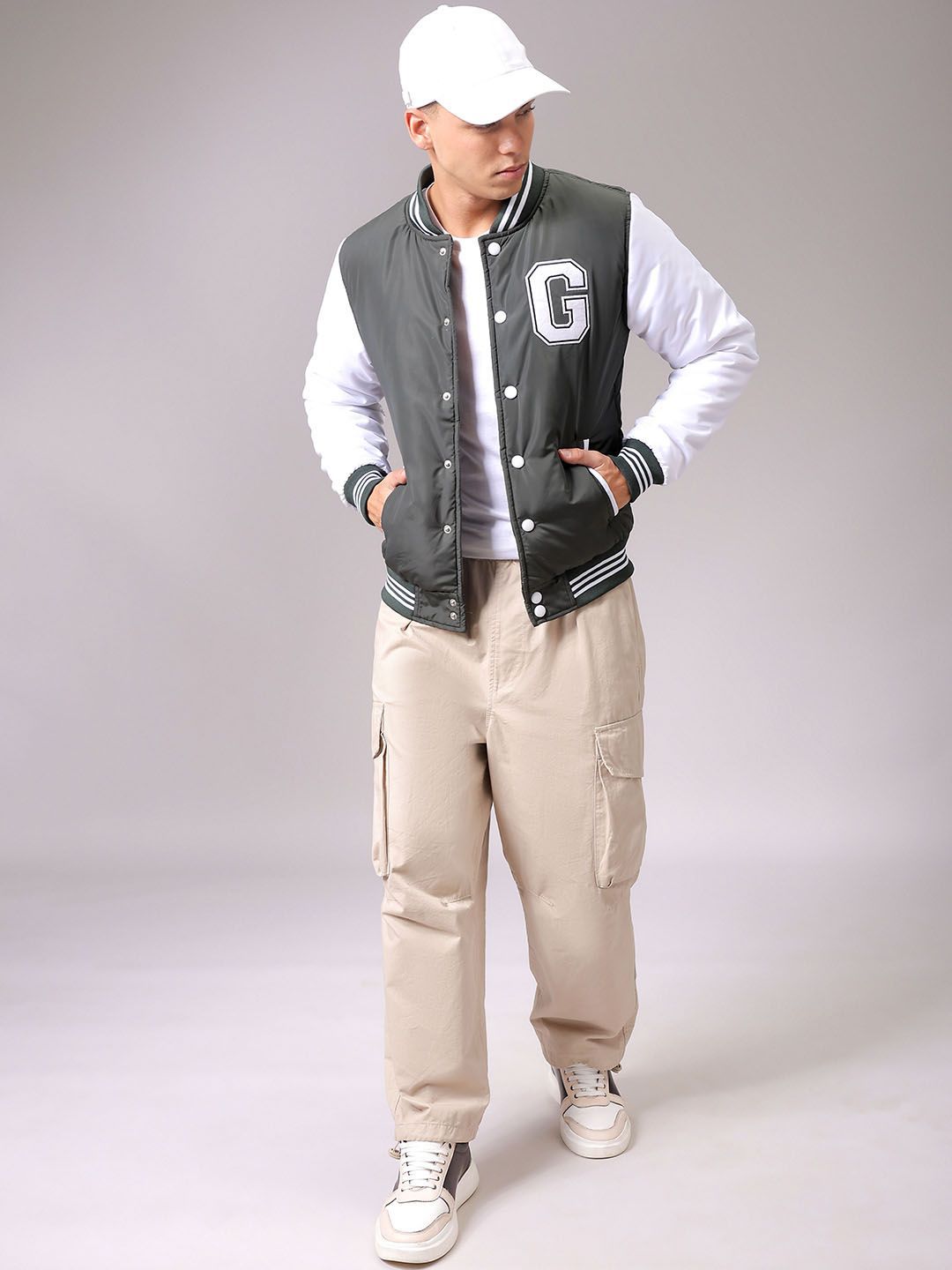 The Indian Garage Co Men Stand Collar Typography Printed Casual Varsity Jacket