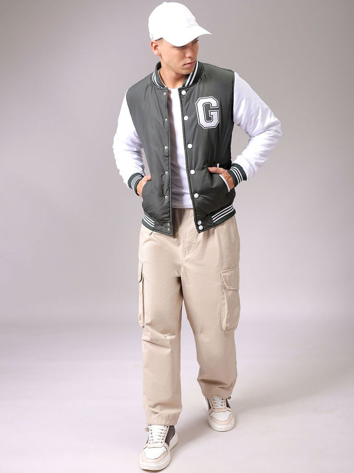 The Indian Garage Co Men Stand Collar Typography Printed Casual Varsity Jacket