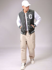 The Indian Garage Co Men Stand Collar Typography Printed Casual Varsity Jacket