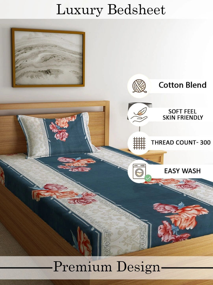 Myntra Elegant Homes Blue & Orange Floral 300 TC Single Bedsheet with 1 Pillow Covers
