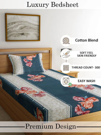 Myntra Elegant Homes Blue & Orange Floral 300 TC Single Bedsheet with 1 Pillow Covers