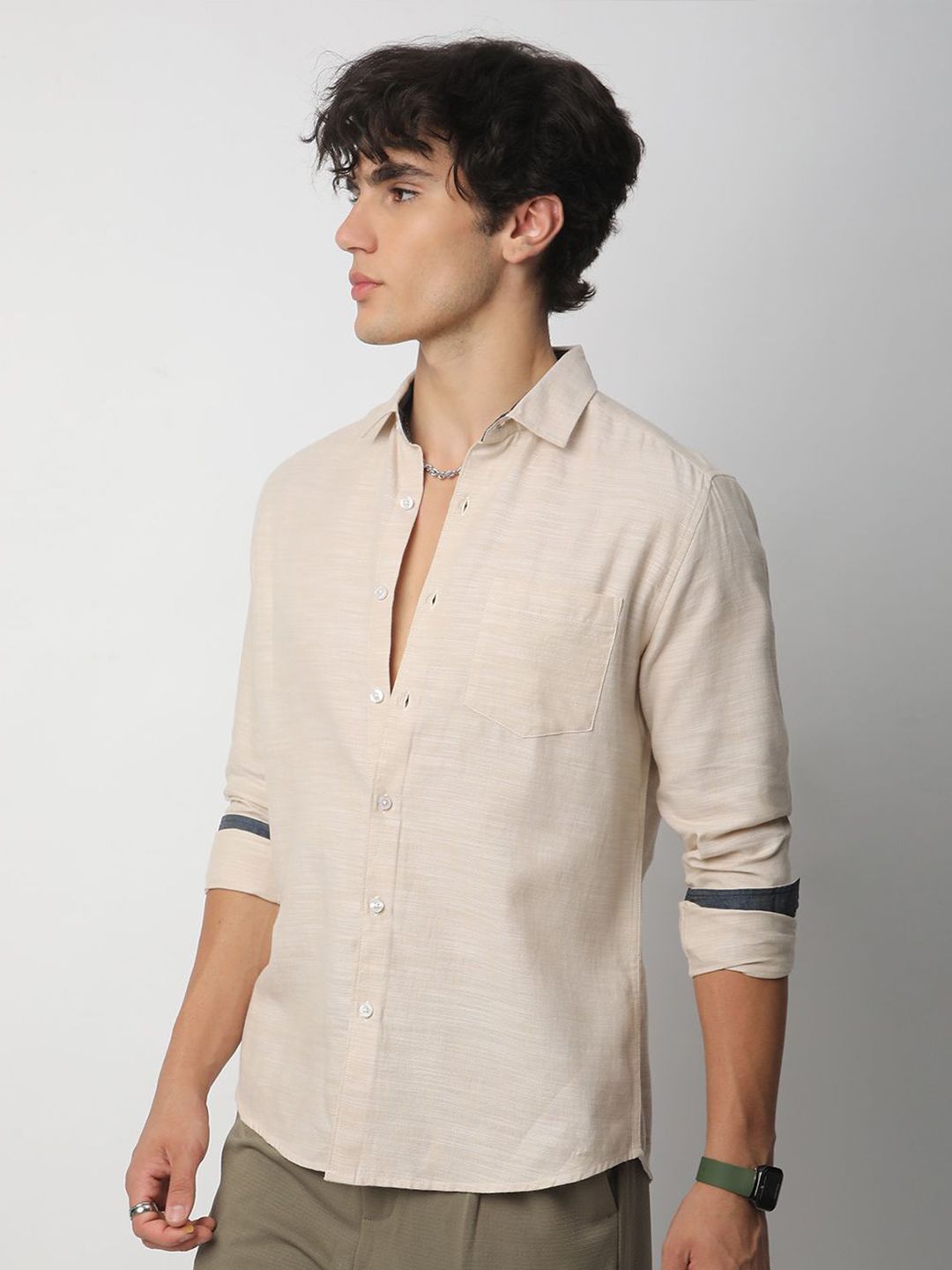 VASTRADO Men Classic Cutaway Collar Textured Cotton Slim Fit Casual Shirt