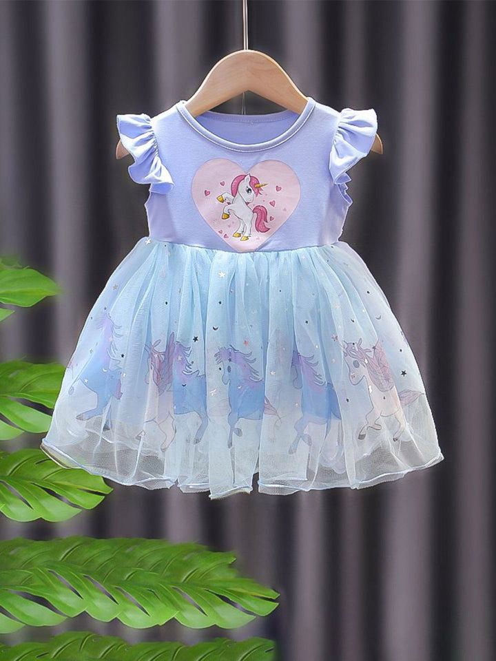 YK Girls Cotton Tulle bercetak lengan baju & pakaian suar