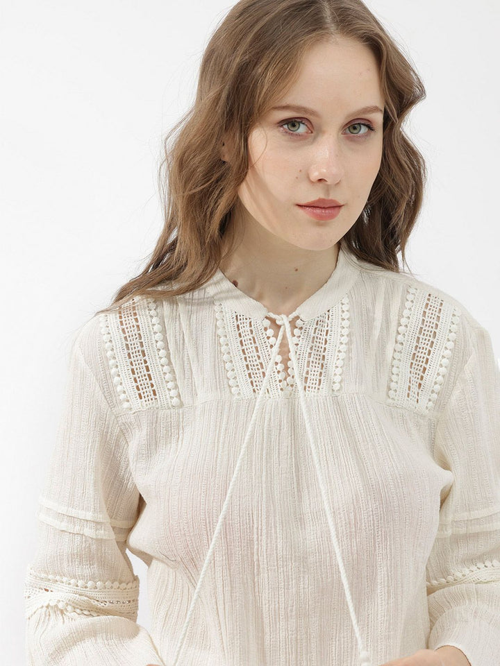 Rareism Striped Tie-Up Neck Bell Lengan Kapas Atas
