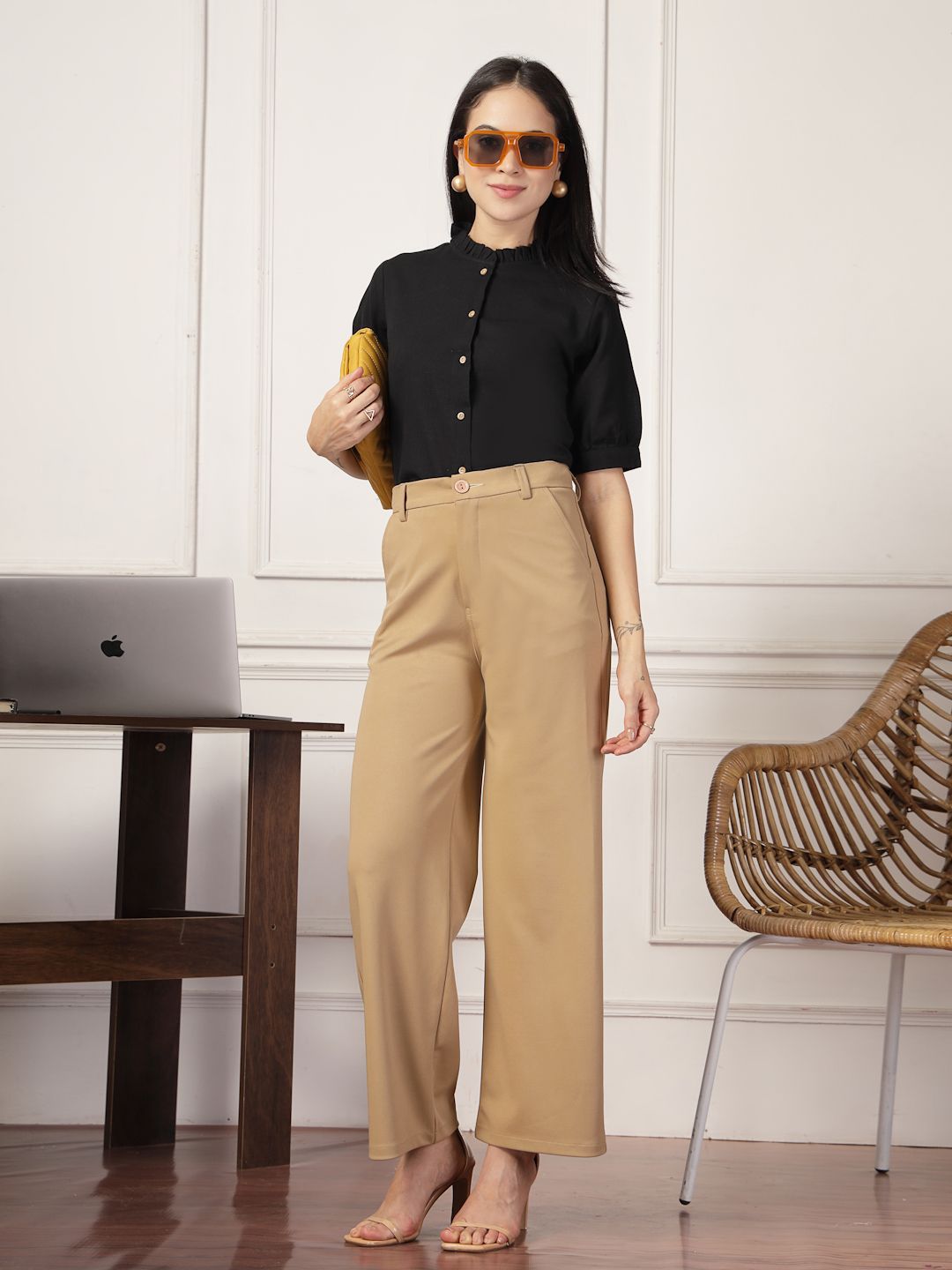 Style Quotient Smart Mandarin Collar Puff Sleeves Gathers Formal Cotton Shirt