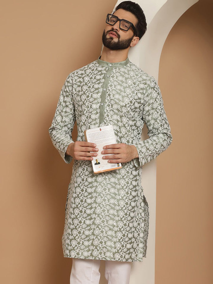 Anouk Men Green Ethnic Motifs Printed Thread Work Kurta