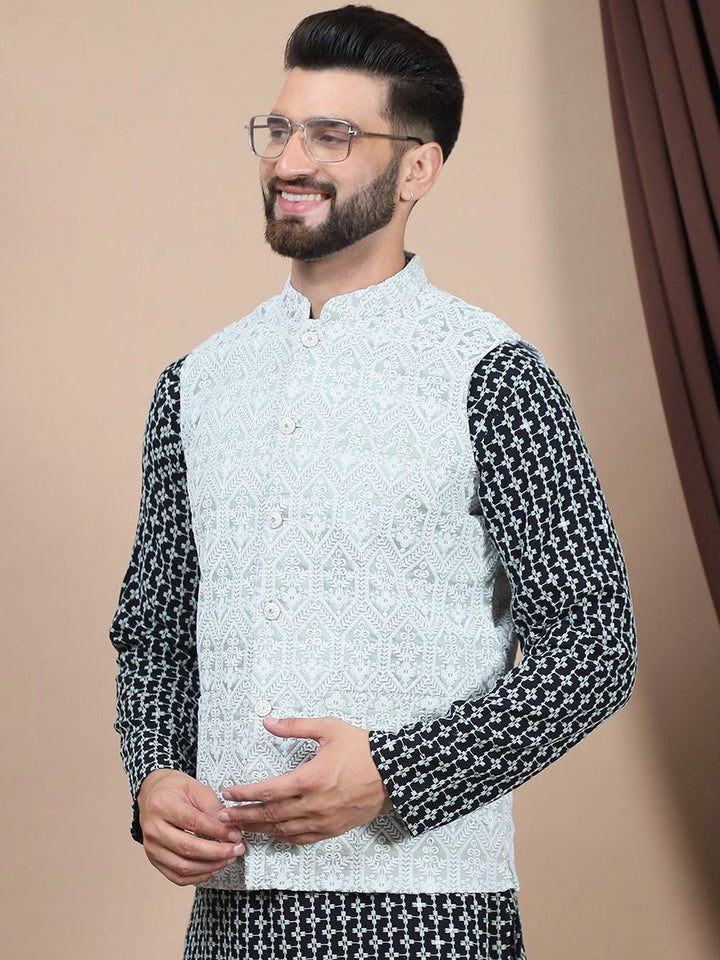 Anouk Green Ethnic Motifs Embroidered Straight Thread Work Pure Cotton Kurta with Churidar