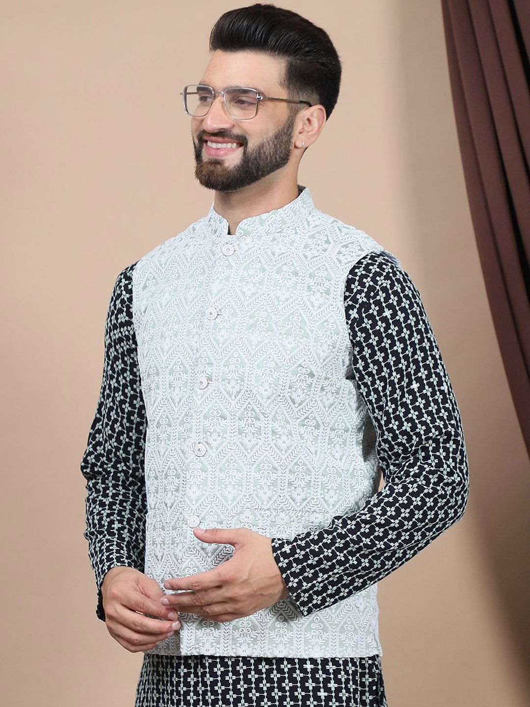 Anouk Green Ethnic Motifs Embroidered Straight Thread Work Pure Cotton Kurta with Churidar