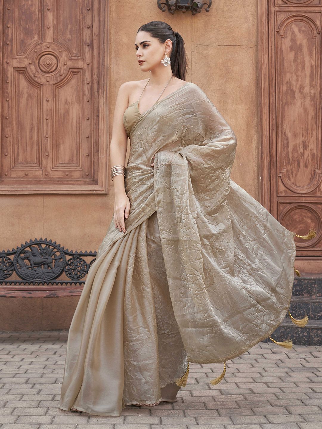 Tikhi Imli Crushed Pallu Half and Half Organza Saree