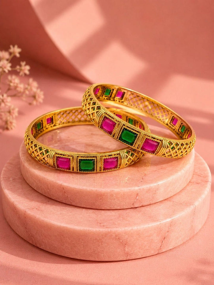 PANASH Set Of 2 Gold-Plated Artificial Stones Studded Bangles