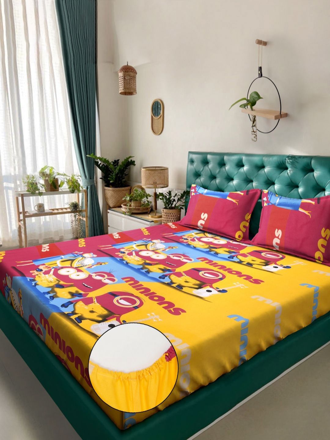 KLOTTHE Cartoon Printed Fitted 400 TC Cotton King Bedsheet With 2 Pillow Cover