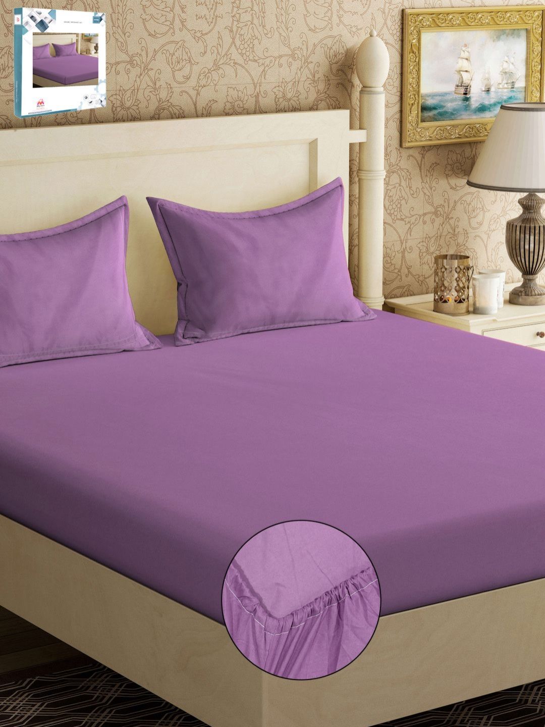 Myntra Elegant Homes Book Fold Purple Cotton 300 TC Fitted King Fine Bedsheet with 2 Pillow Covers-98 x 89 inches
