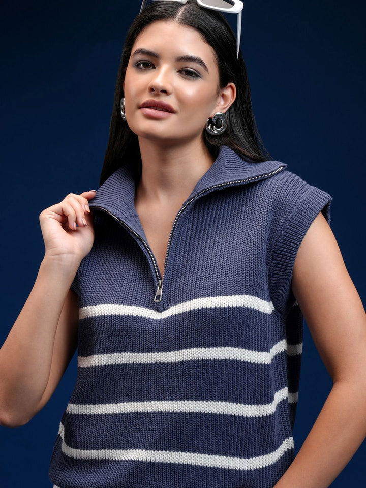Tokyo Talkies Women Cable Knit Striped Sleeveless Pullover