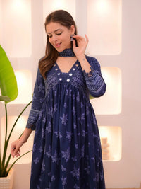 Kalini Floral Printed V-Neck Empire Anarkali Mirror Work Kurta With Trousers & Dupatta