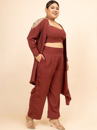 Mamicha Women Self Design Jacket With Crop Top and Trousers Co-Ord Set