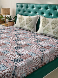 KLOTTHE Brown Geometric Printed Fitted 400 TC Cotton Super King Bedsheet & 2 Pillow Covers