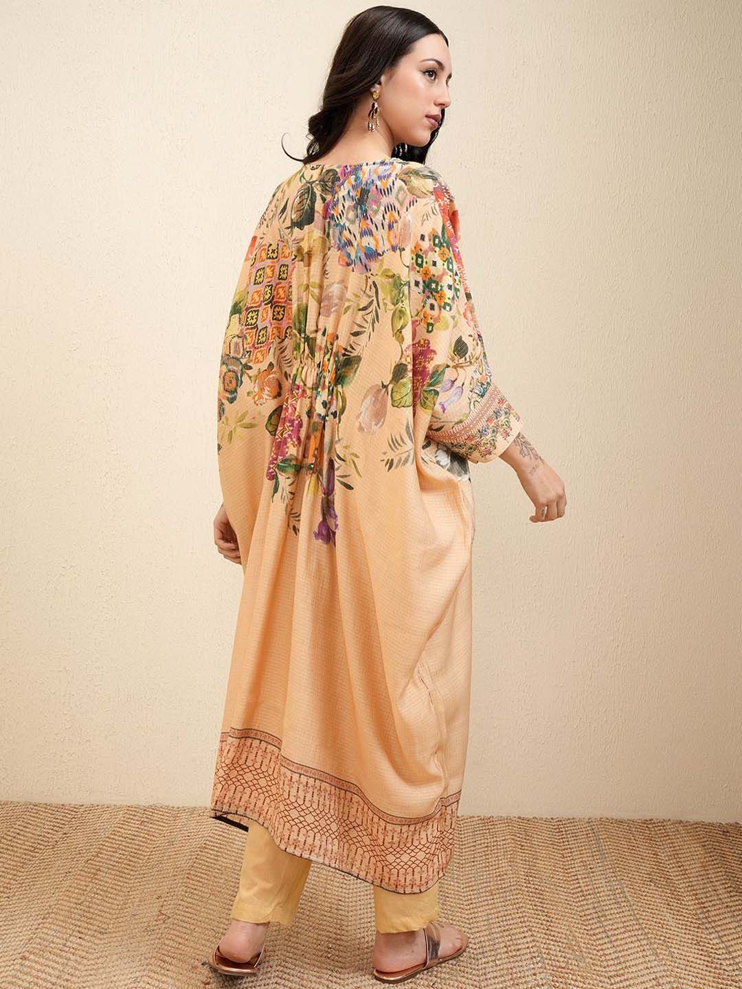 Vishudh Cream Floral Printed Beads and Stones Pure Cotton Kaftan Kurta With Trousers
