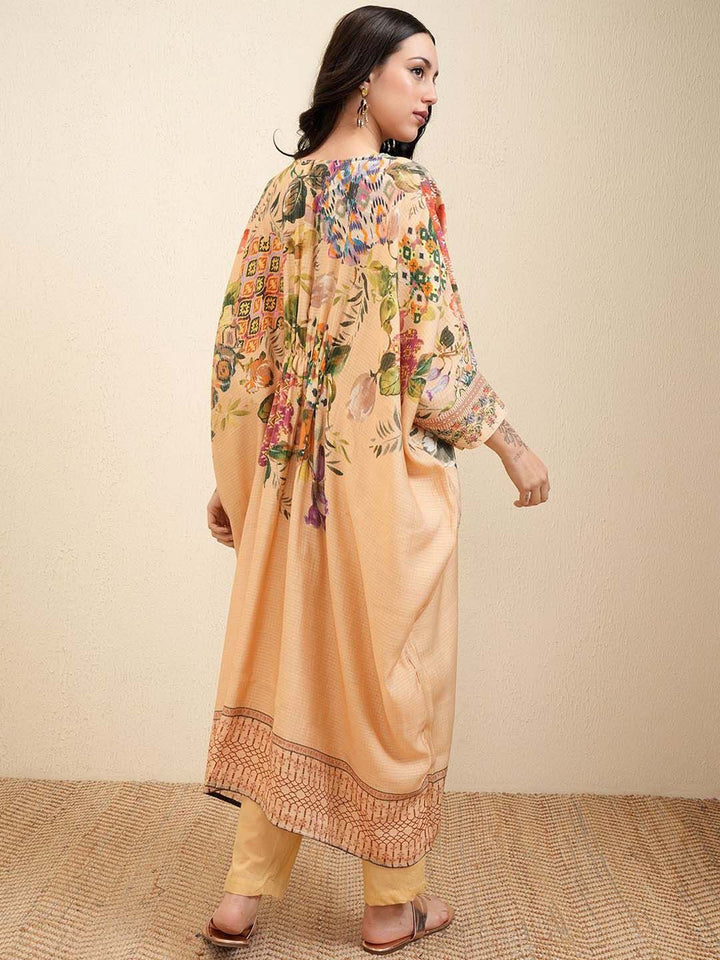 Vishudh Cream Floral Printed Beads and Stones Pure Cotton Kaftan Kurta With Trousers