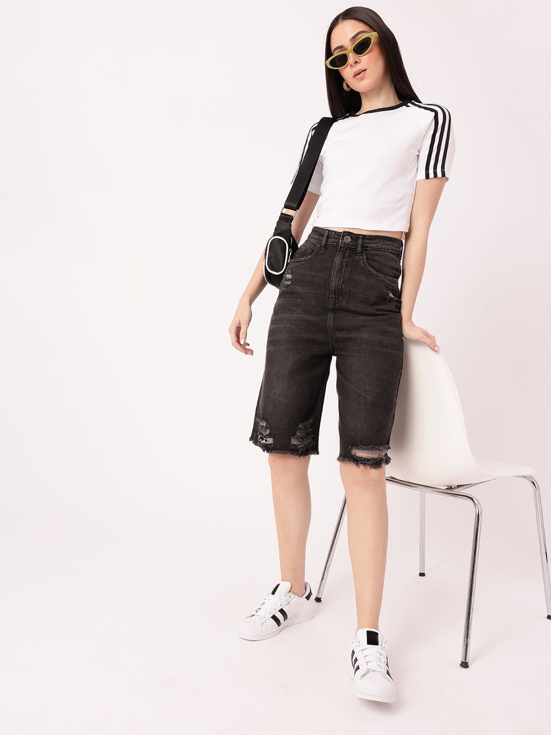DressBerry Women Edgy Grunge Washed Distressed High-Rise Relaxed Fit Denim Shorts