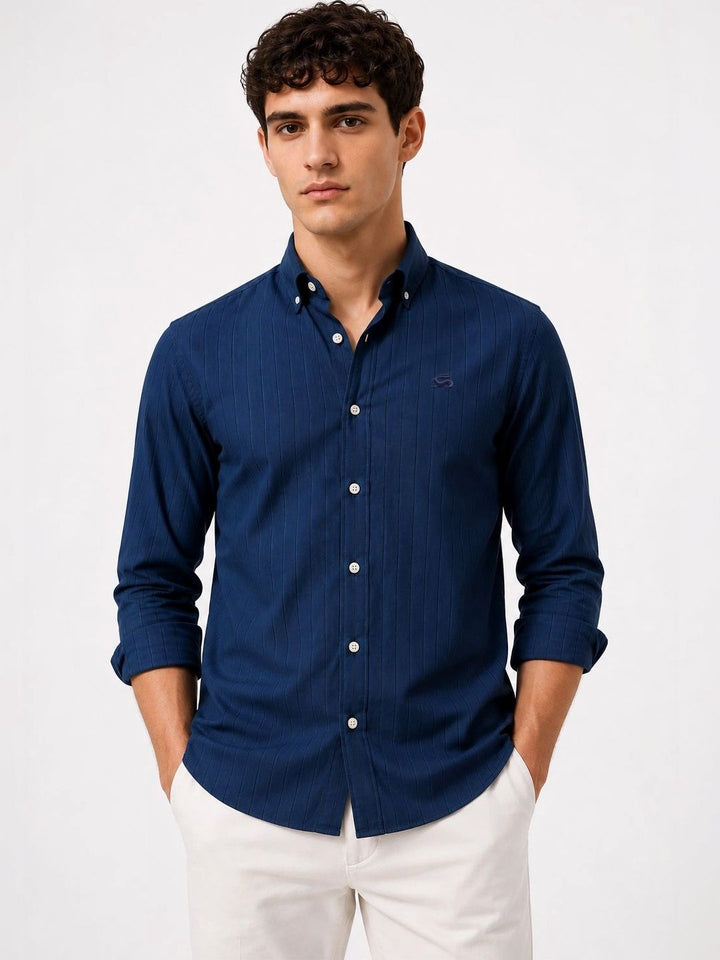 ADRO Men Navy Blue Striped Regular Fit Casual Cotton Shirt