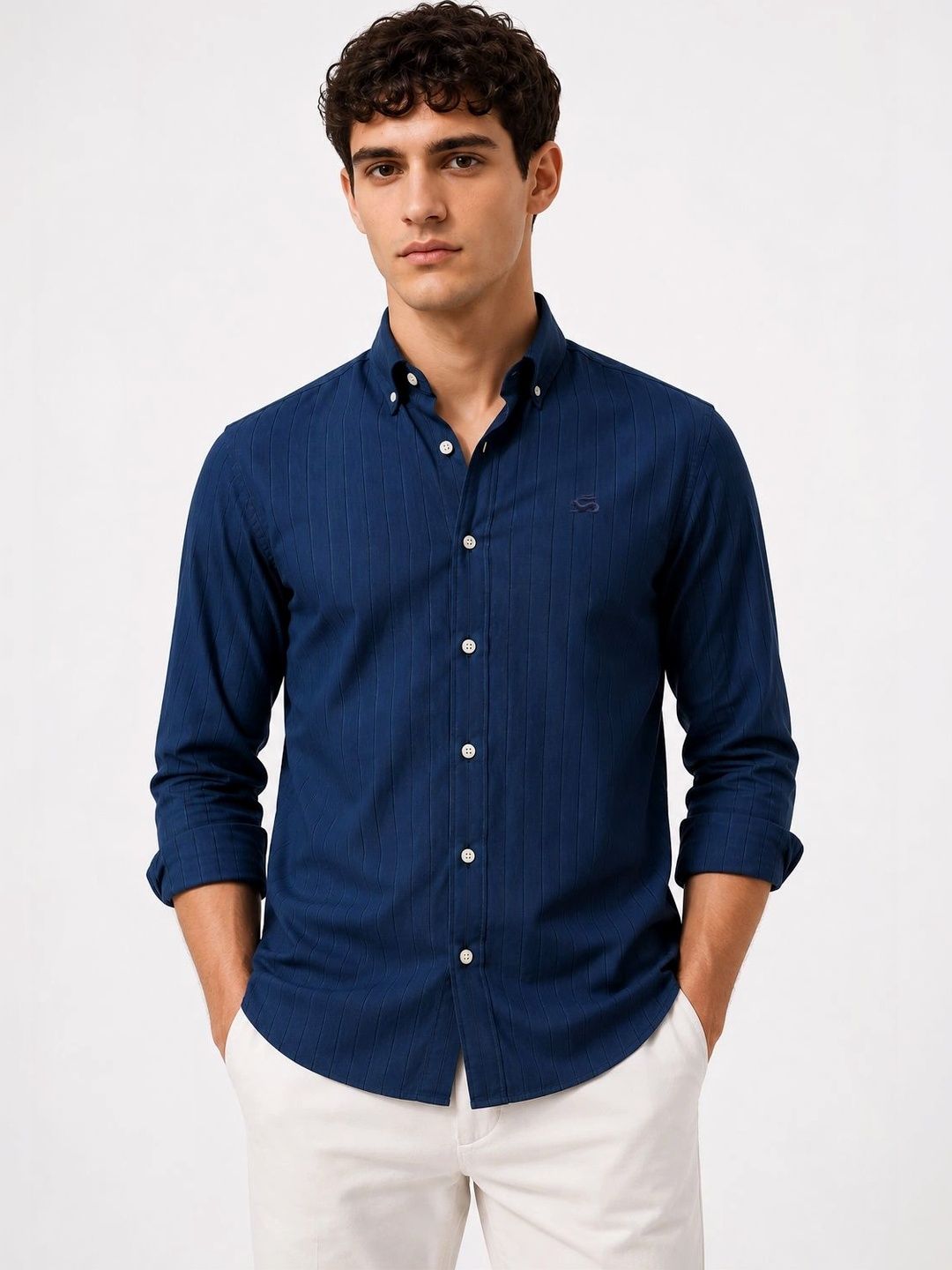 ADRO Men Navy Blue Striped Regular Fit Casual Cotton Shirt