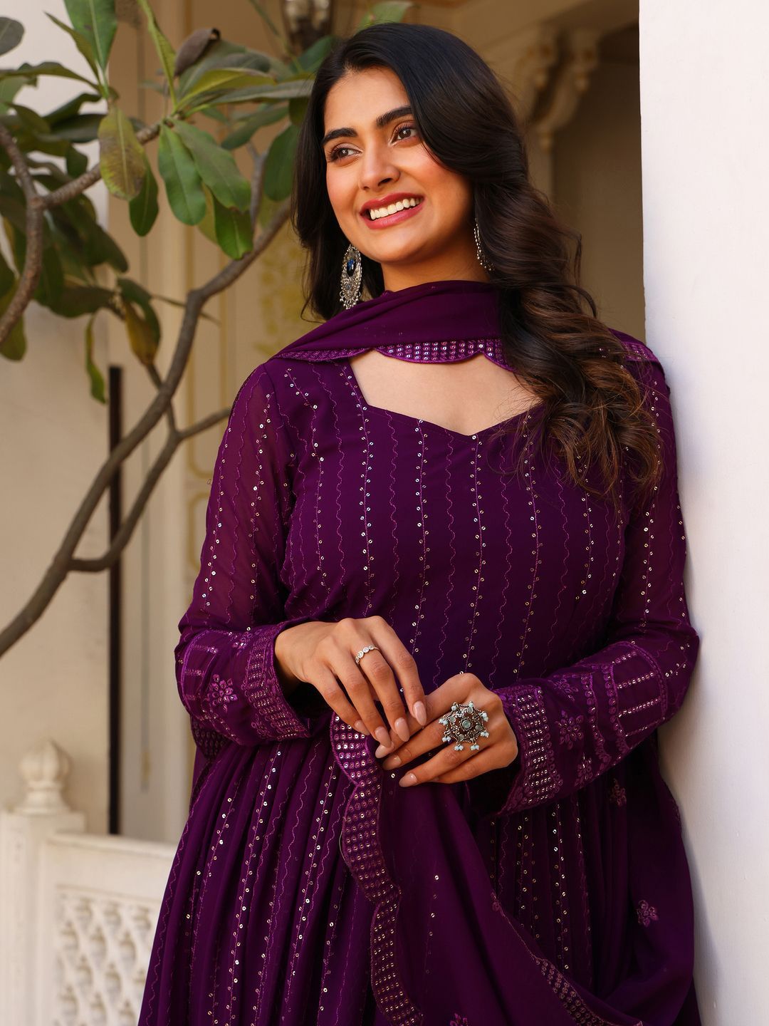 KALINI Striped Sweetheart Neck Thread Work Georgette Anarkali Kurta With Pyjamas & Dupatta