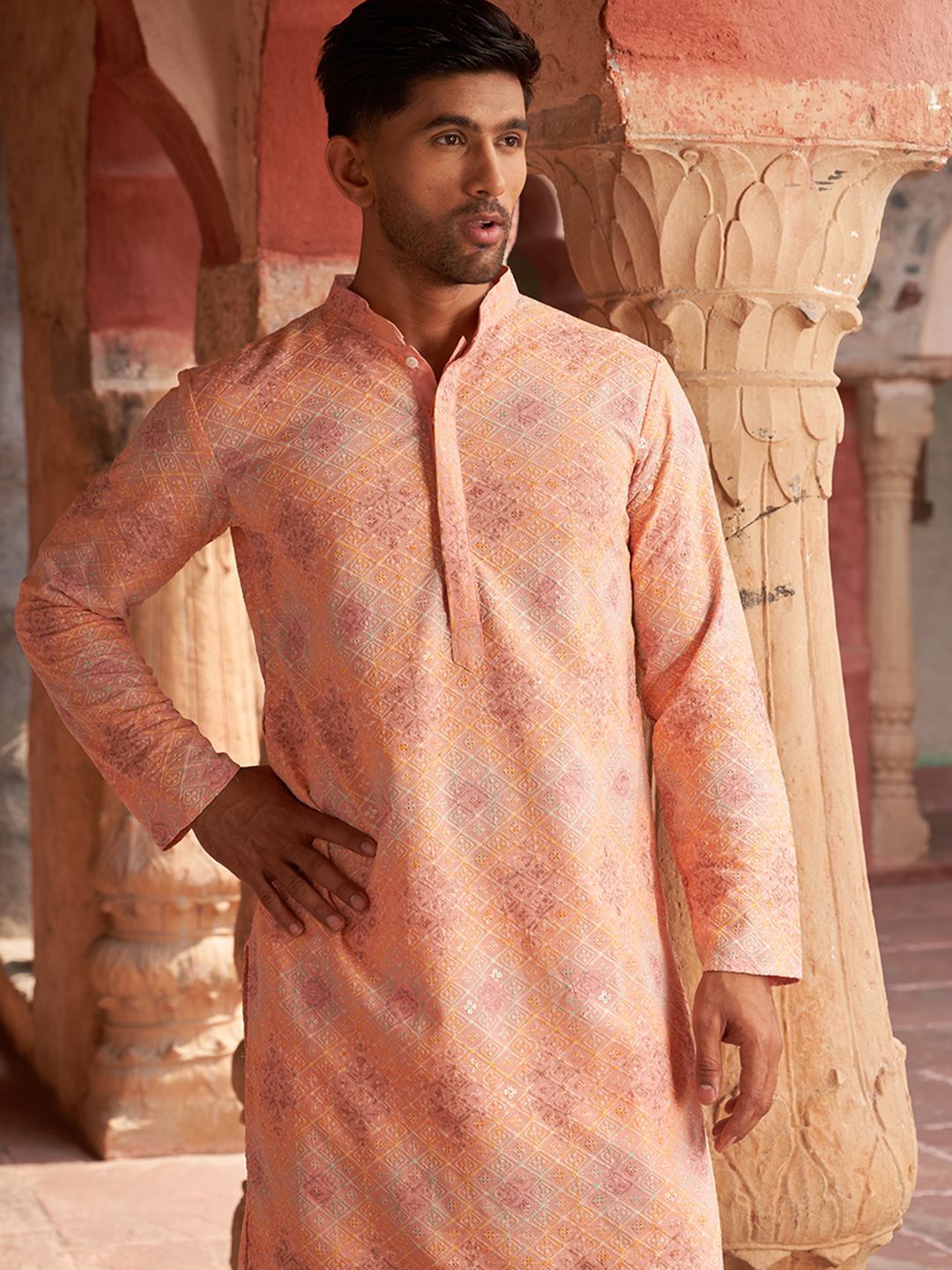 JOMPERS Geometric Collar Mandarin Collar Work Straight Kurta Lurus