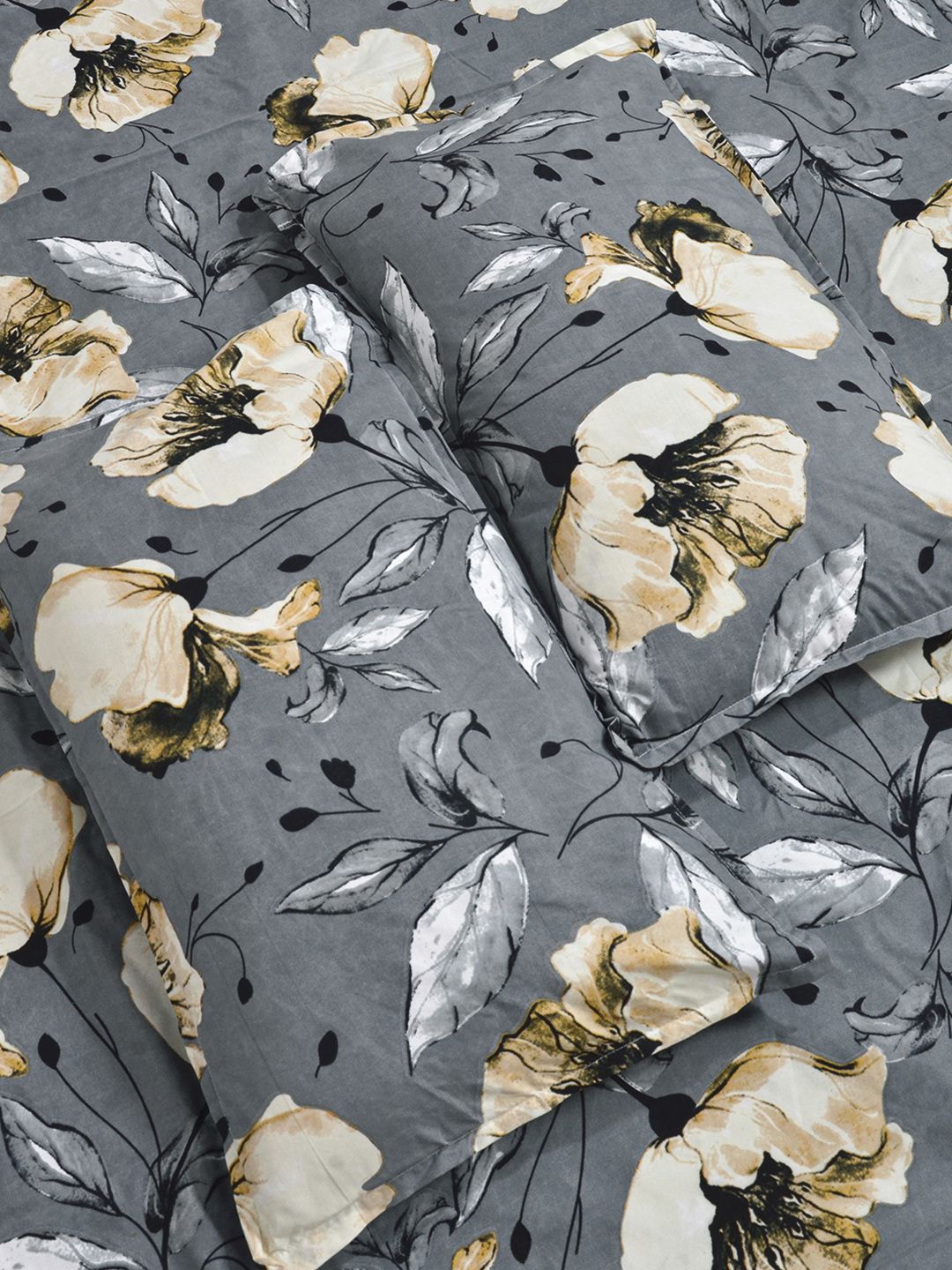 KLOTTHE Grey Floral Printed Dilengkapi 300 TC King Double Bedsheet Dengan 2 Sarung Bantal