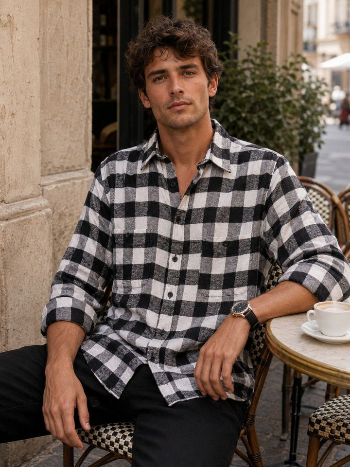 Eszett Men Buffalo Checked Spread Collar Baju Kasual