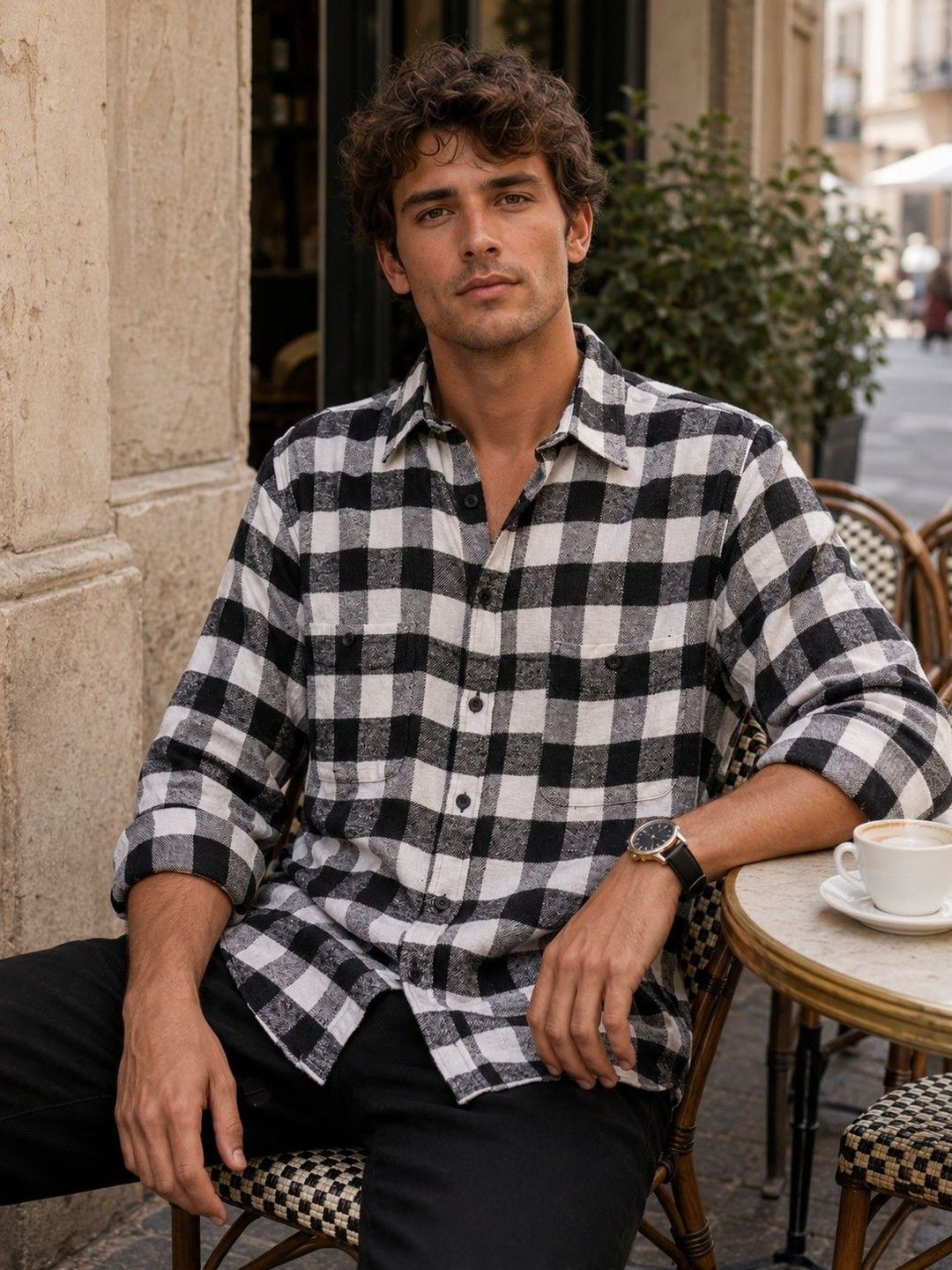 Eszett Men Buffalo Checked Spread Collar Baju Kasual