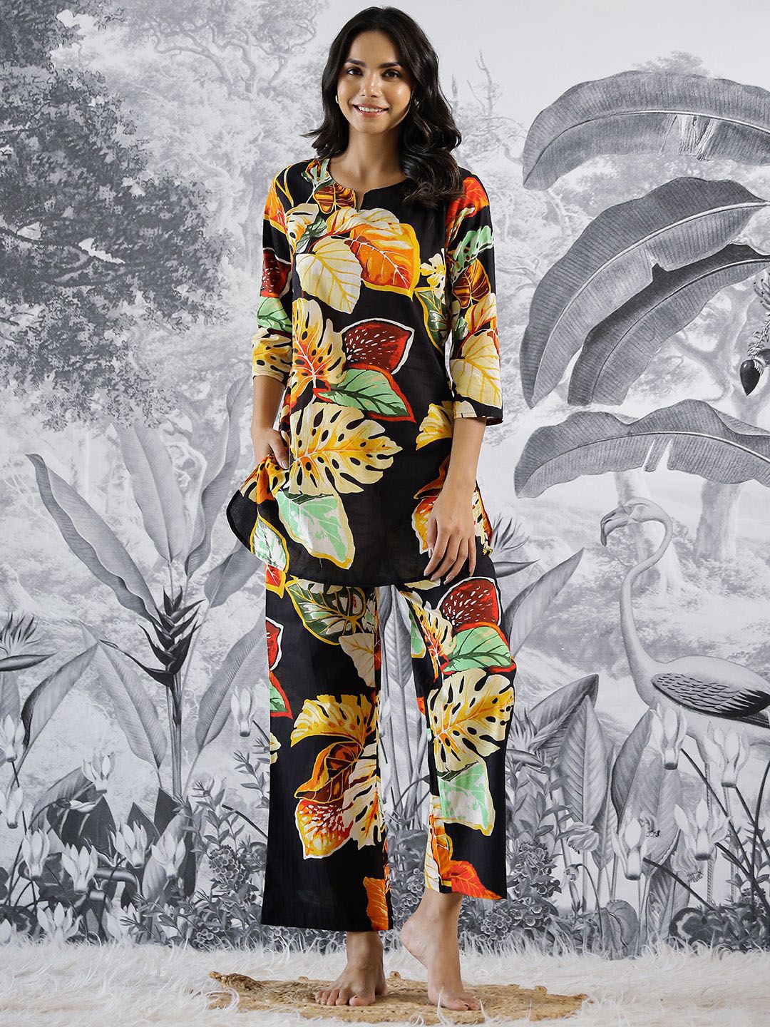 Mamicha Printed Pure Cotton V Neck Top With Trousers Co-Ords Set