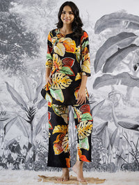 Mamicha Printed Pure Cotton V Neck Top With Trousers Co-Ords Set
