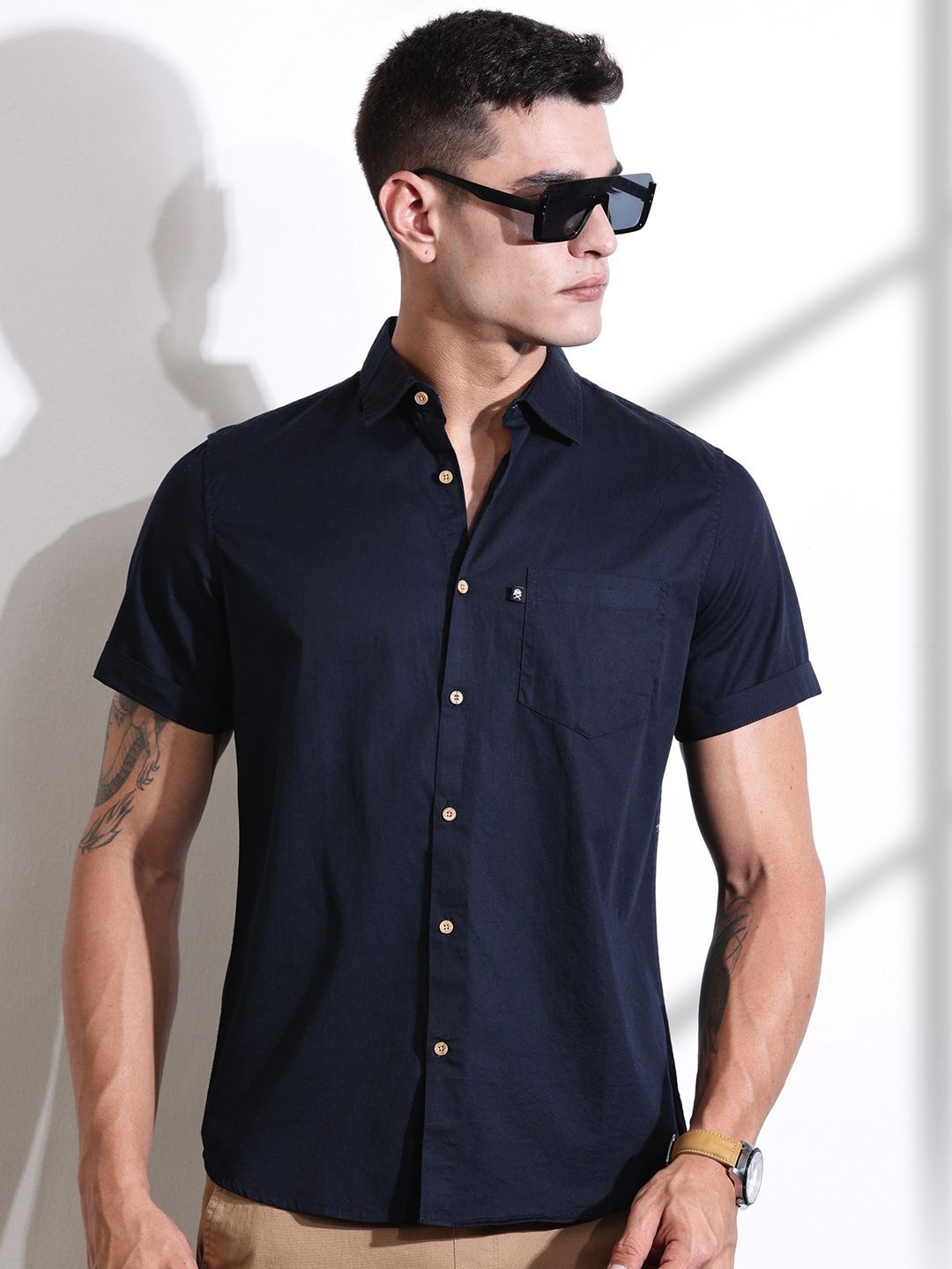 Thomas Scott Men Classic Slim Fit Spread Collar Solid Cotton Casual Shirt