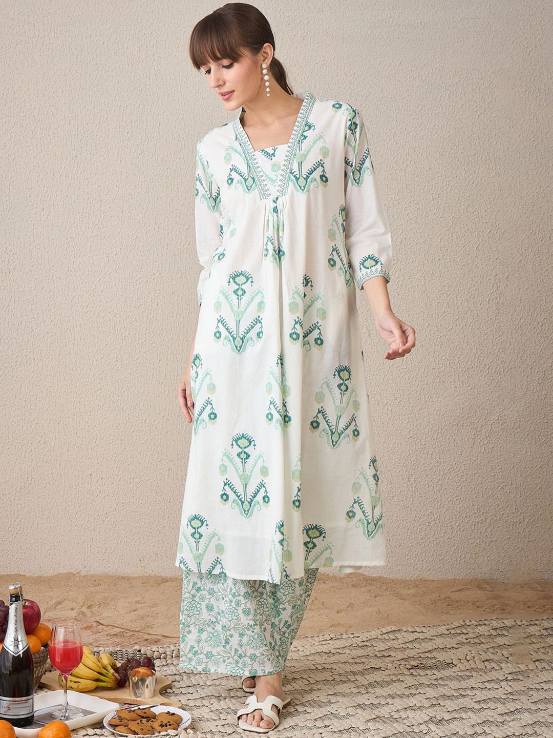 Indo Era Women Floral Printed Regular Sequinned Pure Cotton Kurta with Palazzos