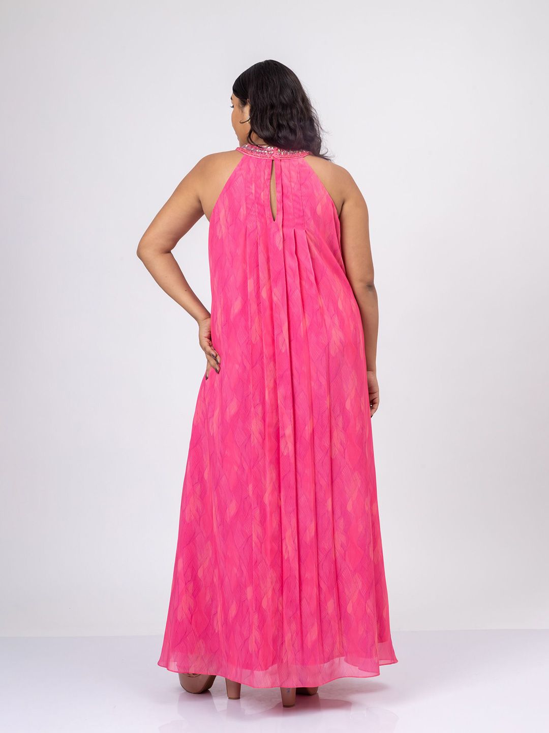 Pakaian Maxi Georgette Leher Halter Bercetak Bunga Mamicha Wanita
