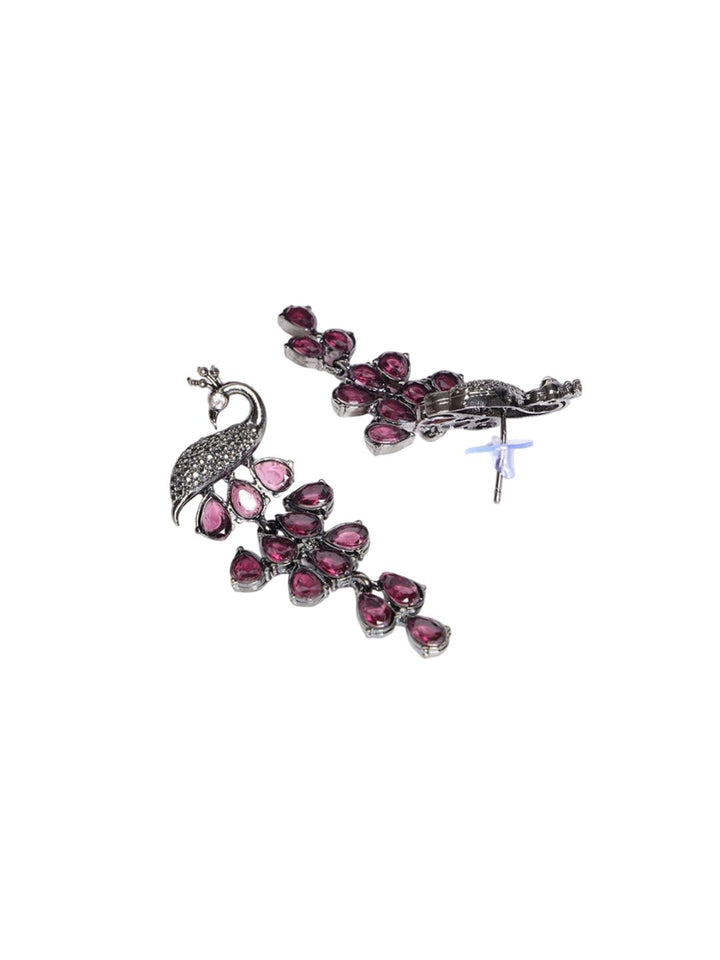 PANASH Silver-Plated Cubic Zirconia Studded Peacock Shaped Drop Earrings