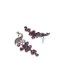 PANASH Silver-Plated Cubic Zirconia Studded Peacock Shaped Drop Earrings