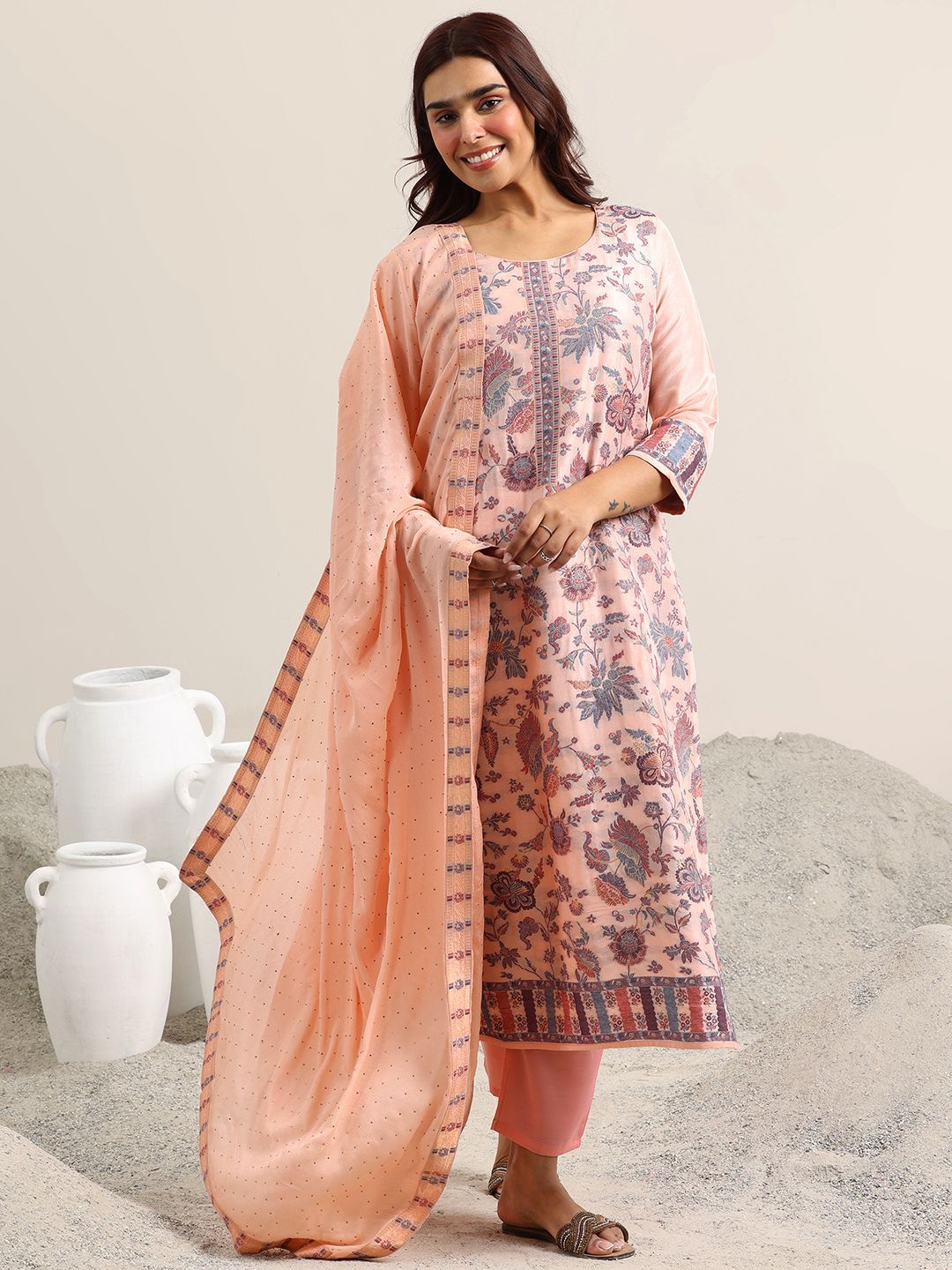 Libas Floral Woven Design Round Neck Regular Straight Kurta With Trousers & Dupatta