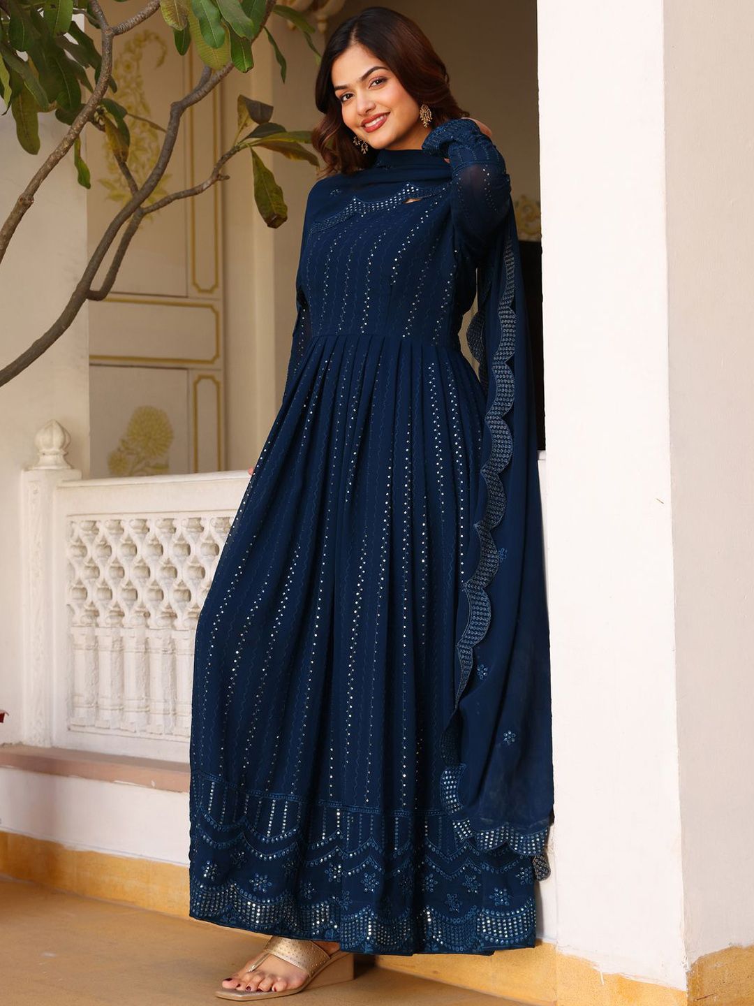 KALINI Geometric Embroidered Sweetheart Neck Anarkali Kurta With Pyjamas & Dupatta