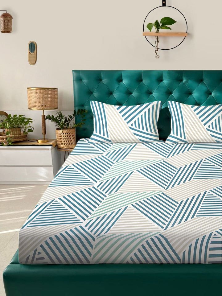 Myntra Elegant Homes Green Geometric 300 TC Fitted Double King Bedsheet Set-2.5mX2.25m