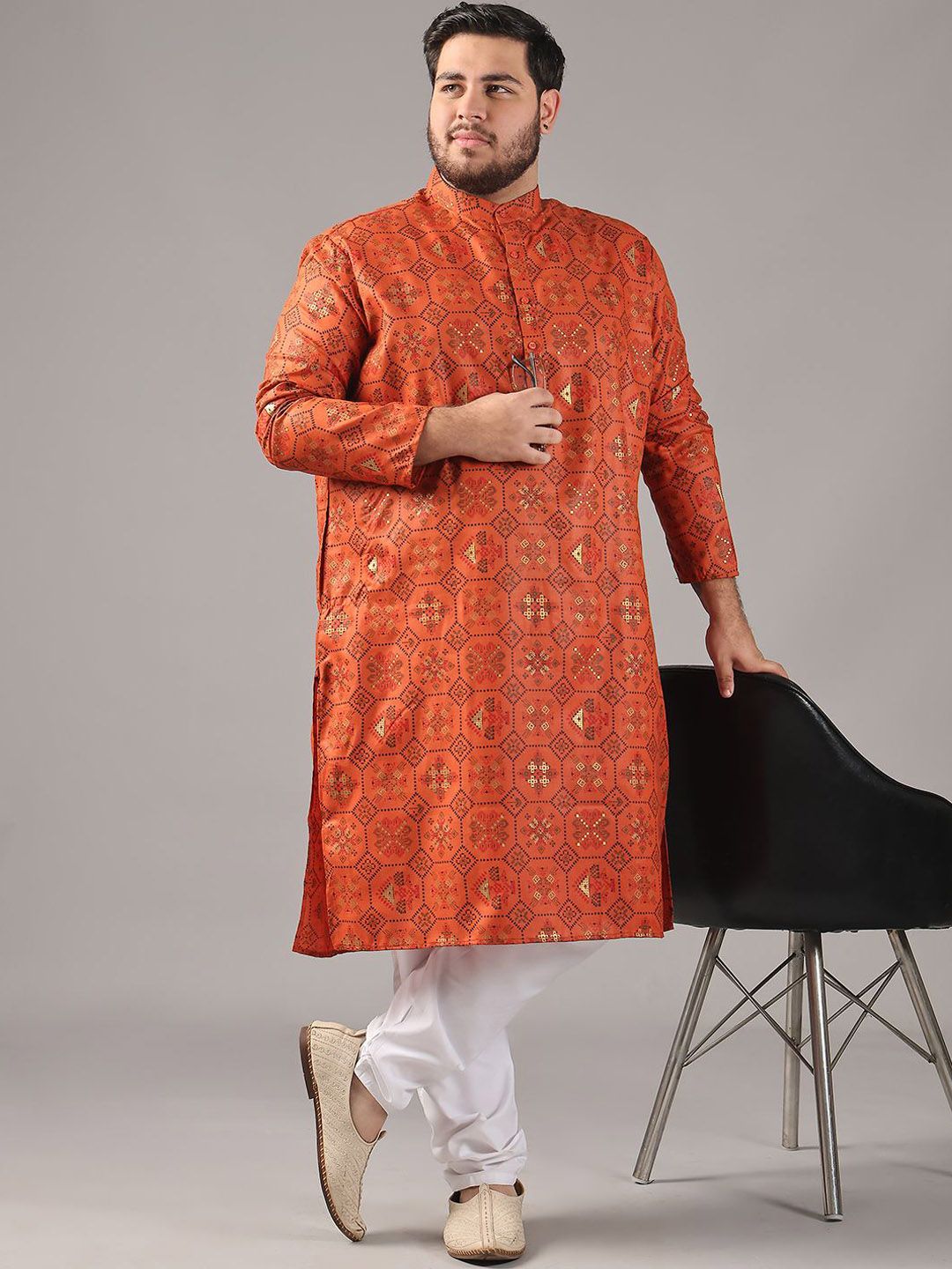 SOJANYA PLUS Plus Size Lelaki Motif Etnik Bercetak Kolar Jalur Kurta Lurus Dengan Piyama
