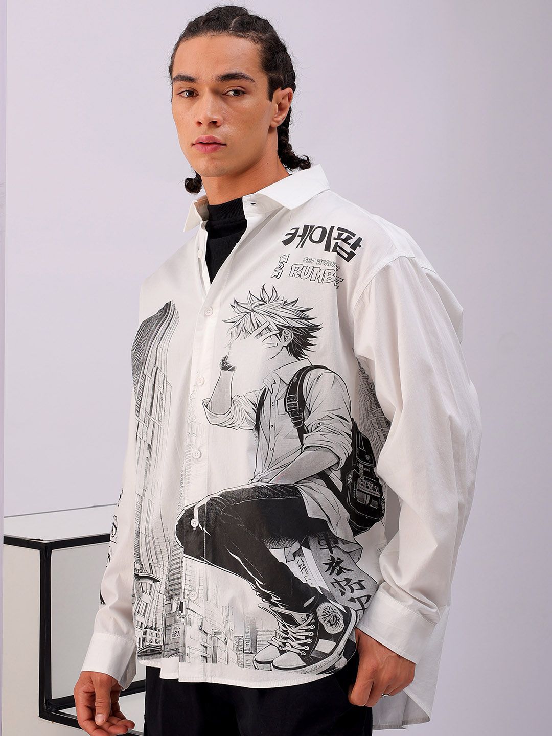 The Indian Garage Co Men Anime Printed Cotton Oversized Boxy Streetwear Shirt
