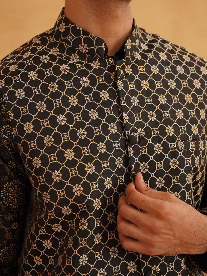 SOJANYA Floral Printed Mandarin Collar Kurta With Churidar And Nehru Jacket