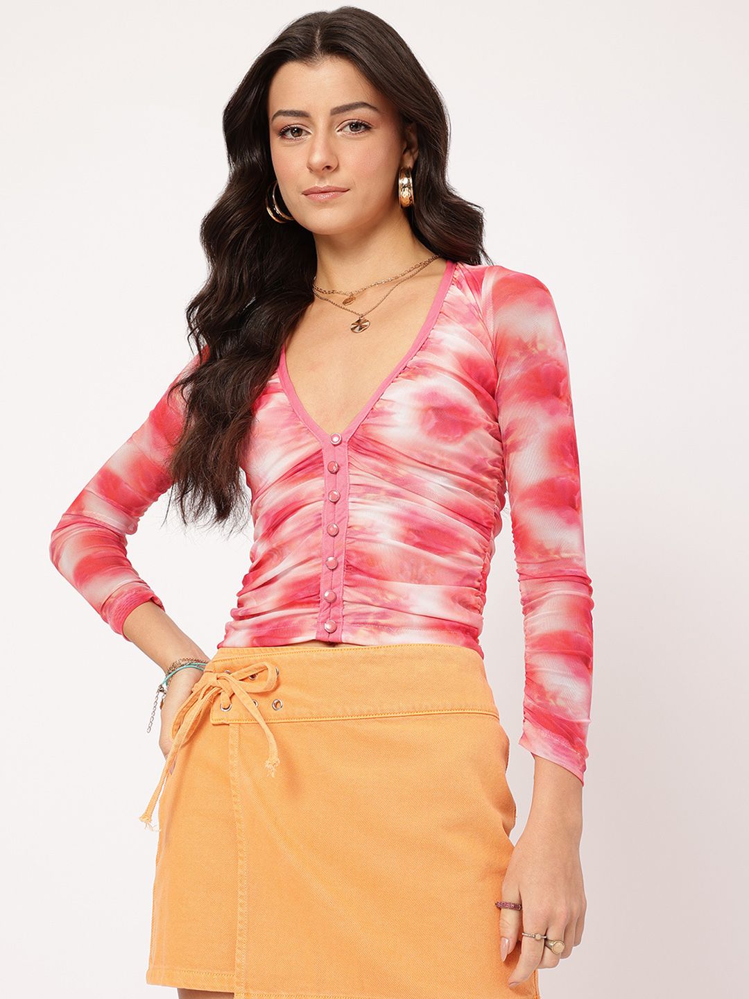 DressBerry Blank Canvas Tie & Dye Printed Ruched Net Top