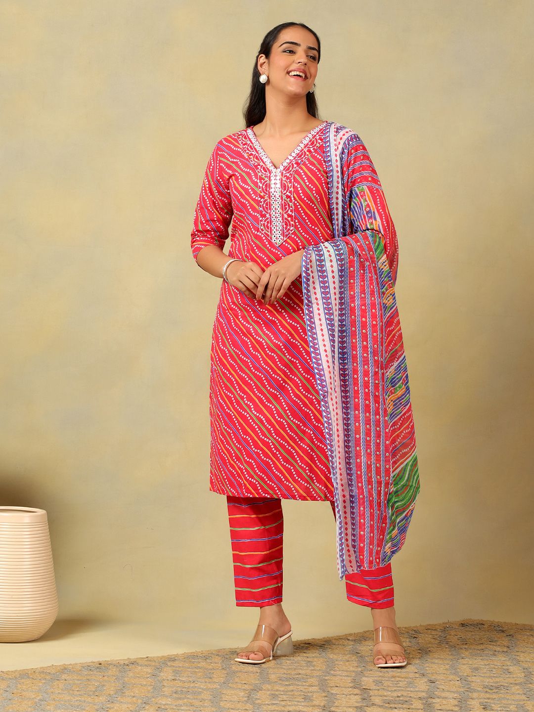 Cermin Bercetak Mamicha Leheriya Berfungsi Kurta Kapas Tulen dengan Seluar & Dengan Dupatta
